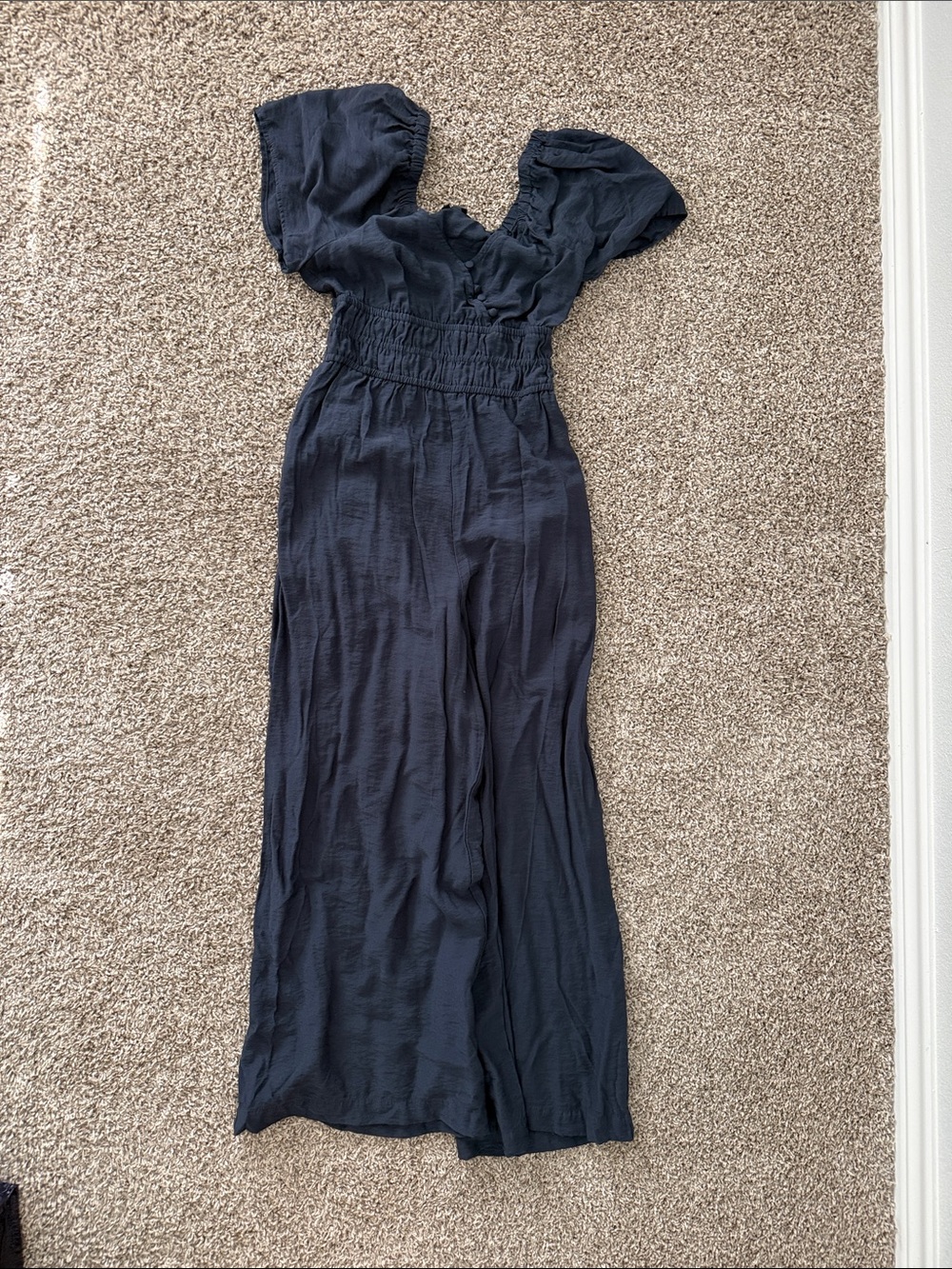 Madewell Navy Wide-Leg Smocked-Waist Jumpsuit
